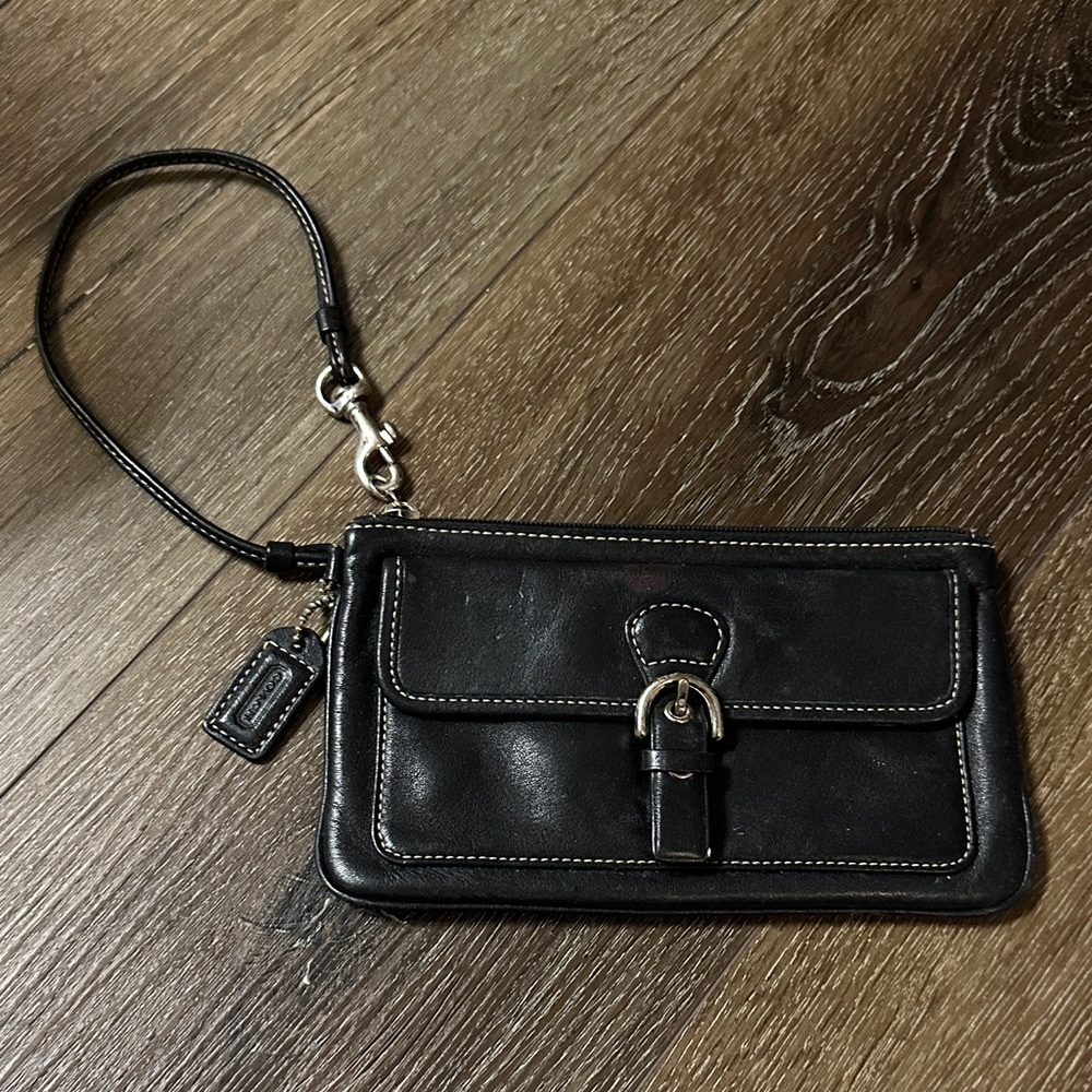 Coach Black Leather Wristlet with Buckle Detail